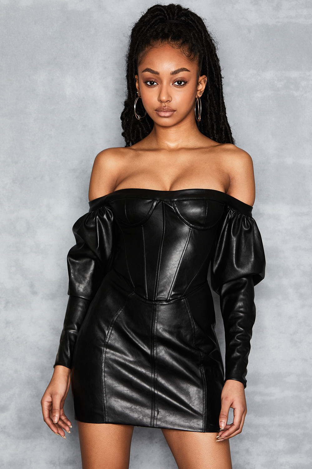 Personal' Black Off Shoulder Vegan Leather Corset Dress - Mistress Rock