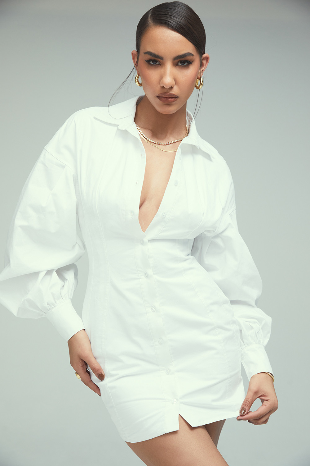 White Fitted Waist Shirt Dress