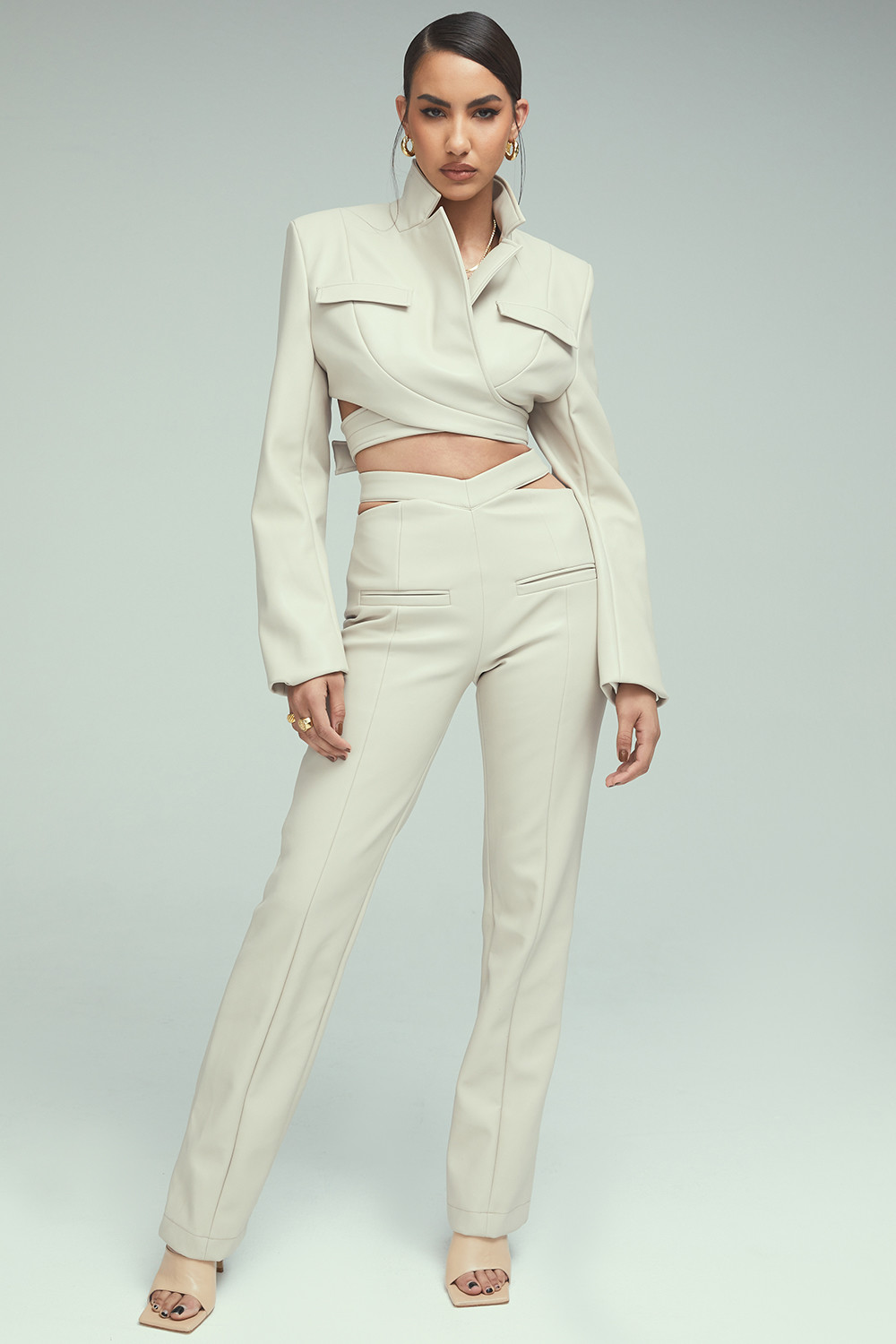 Seems So Good Taupe Vegan Leather Cutout Trousers Mistress Rock