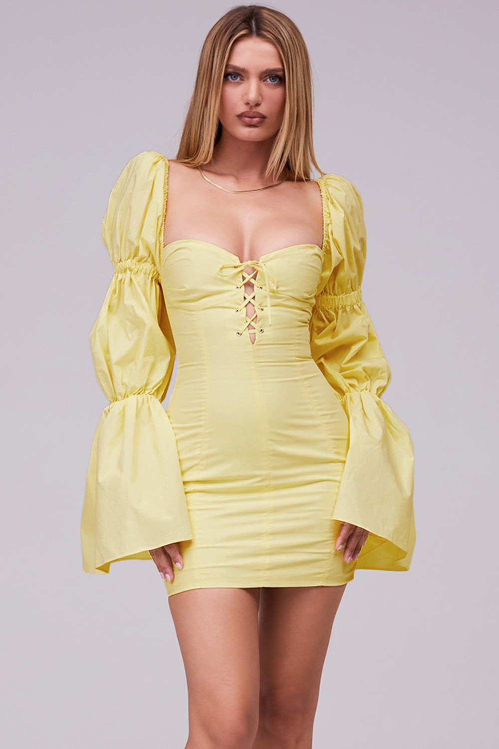 Heartbeat' Lemon Lace Up Puff Sleeve Mini Dress - Mistress Rock