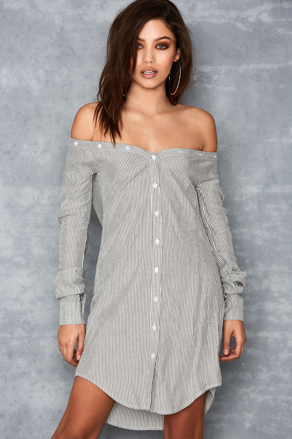 Striped off the shoulder shirt dress deals