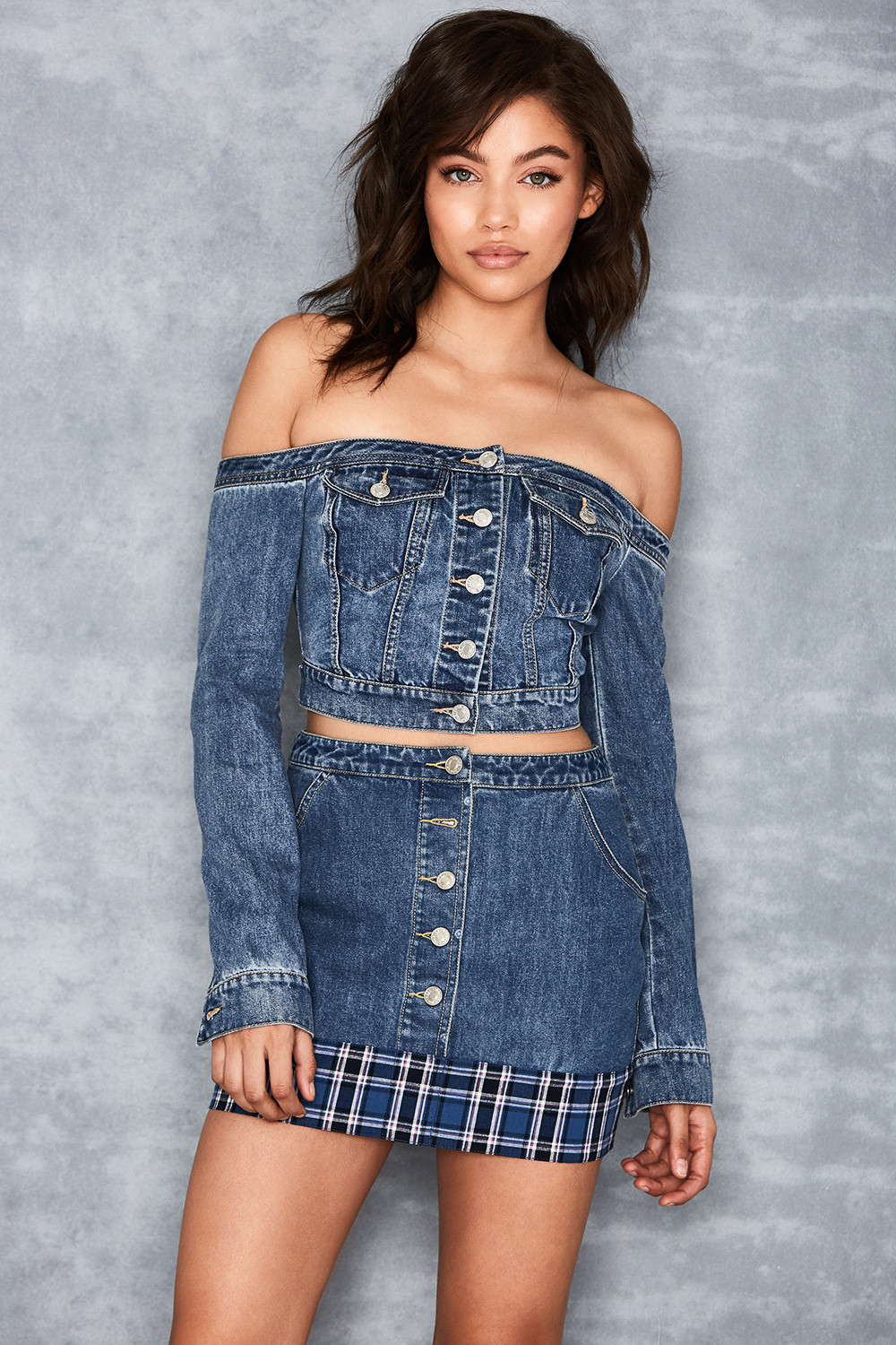 denim off the shoulder jacket